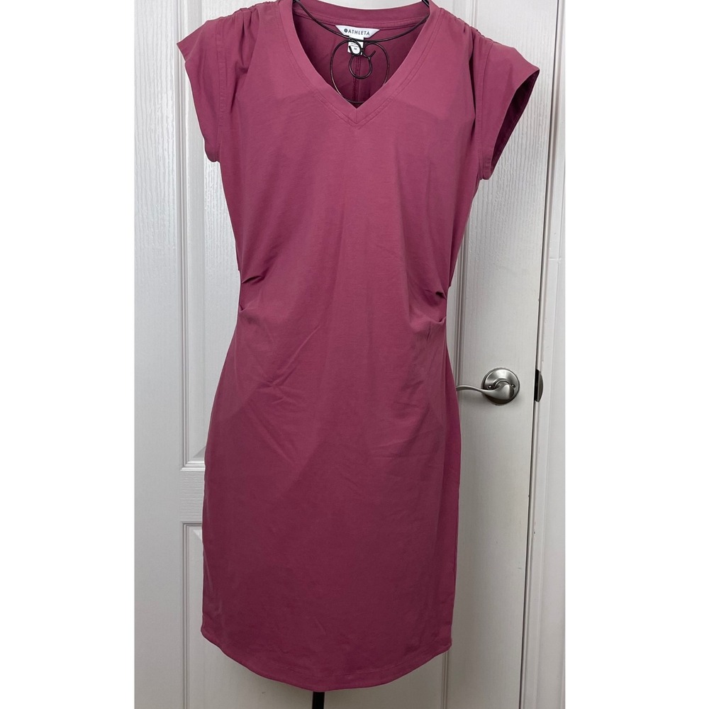 Athleta Santorini Thistle V-Neck Dress Pink Cap Sleeve Ruched Sheath Medium